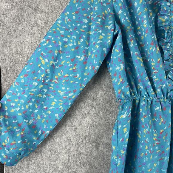 Vintage Neiman Marcus Dress Womens Medium Blue Printed Ruffle Retro USA Made - Picture 4 of 16